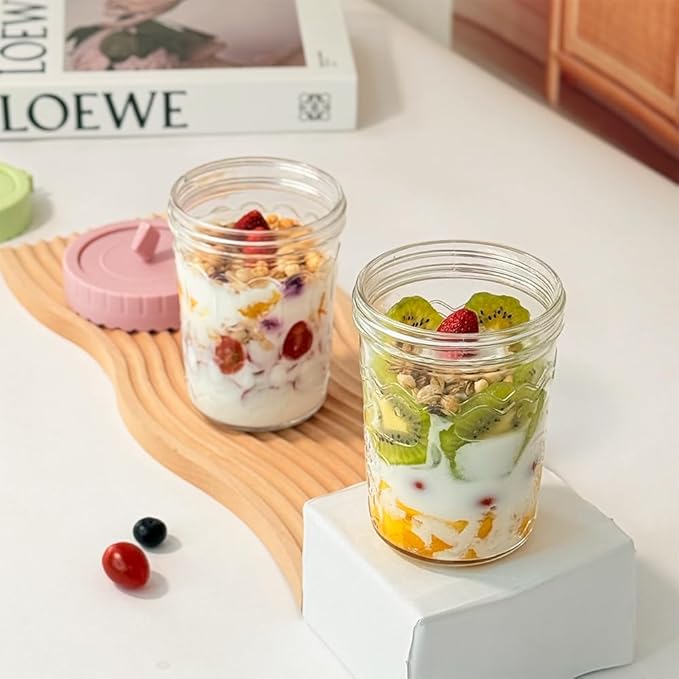 20 oz Glass Oats Containers Jars With Lids and Spoons, 4 Pack Glass Mason Overnight Oat Jars, Glass Overnight Oats Containers, for Parfait,Breakfast, Yogurt