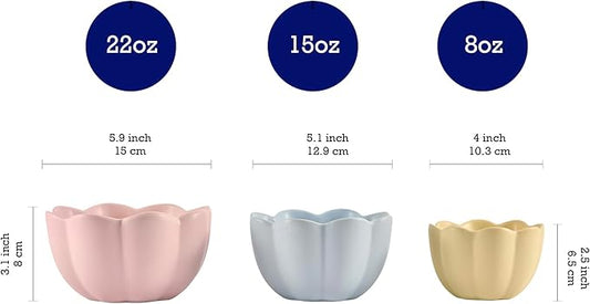 Bico Flower Shaped Ceramic Handcrafted Mixing Bowl Set of 3, Microwave & Dishwasher Safe, for Baking, Cooking, Food Prep