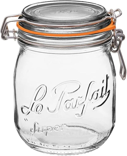 Le Parfait Super Jar, Canning Jars, 750mL French Glass Canning Jar w/Round Body, Glass Jars w/Airtight Lid, Canning Jar Wide Mouth, Glass Jar w/Lid, Clear Jars, Clear Glass Jar (24oz/Pint & Half, 1pk)