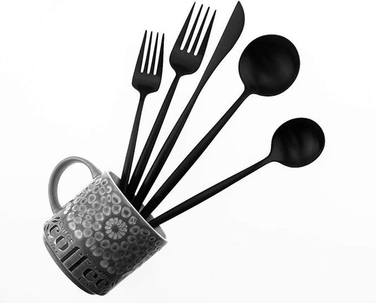 Matte Balck Silverware Set,Gugrida 5-Piece 18/10 Stainless Steel Satin Finish Flatware Set,Kitchen Utensil Set,Tableware Travel Cutlery Set for Camping Office or School Lunch, Dishwasher Safe