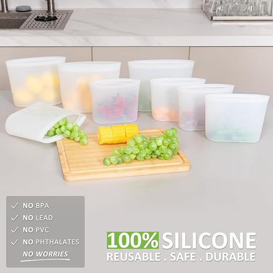 Reusable Sandwich & Snack Bags, 8 Pack 100% Silicone Stand Up Zip Lock Food Storage Bags for Food Container, Freezer Microwave Oven Dishwasher Safe, 4 Medium 4 Small, Translucent