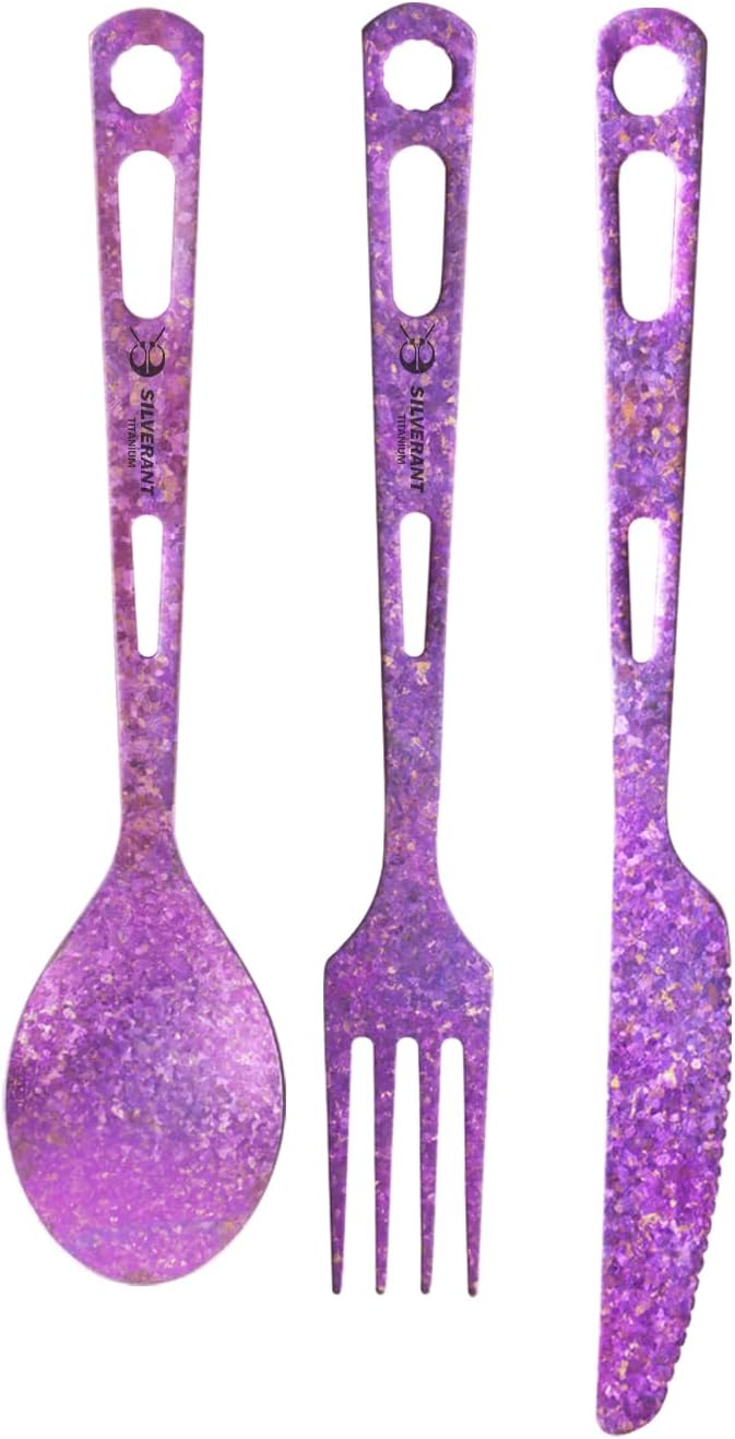 Titanium 3 Piece Cutlery Set, Extra Strong Ultra-Lightweight Durable Knife Fork & Spoon Tableware for Outdoor Camping & Hiking, Comes with Drawstring Bag & Titanium Carabiner-Purple