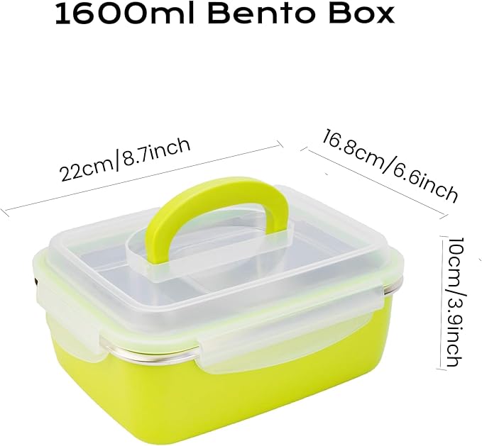1600ml Stainless Steel Bento Box Lunch Container with 2 Compartments and Removable Plastic Shell, Portable Metal Food Container with Fork and Spoon Set, Leakproof Meal Prep Container for Adults