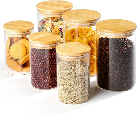 Glass Storage Containers with Bamboo Lids, Includes 3 Set of 20oz Overnight Oats Breakfast Jars, 3 Set of 40oz Food Storage Containers For Cookies Cereal Nuts Coffee Beans (Set of 6)