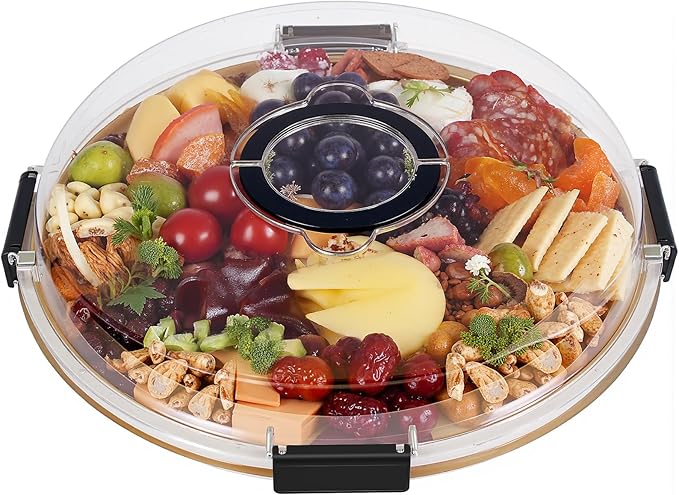 Round Charcuterie Board with Clear Lid, Travel Picnic Portable Cheese Board Charcuterie Boxes, Meat Fruit Serving Tray Platter, House Warming Gifts New Home, Gifts for Women