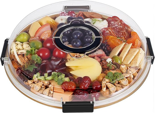 Round Charcuterie Board with Clear Lid, Travel Picnic Portable Cheese Board Charcuterie Boxes, Meat Fruit Serving Tray Platter, House Warming Gifts New Home, Gifts for Women