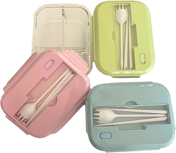 THY COLLECTIBLES Set of 3 36 OZ Glass Lunch Storage Containers with Lids and Utensils, Microwave Safe, Leak Proof, Freezer to Oven Safe for Meal Prep, Leftovers, Cooking, Bento Box (3 Compartments)