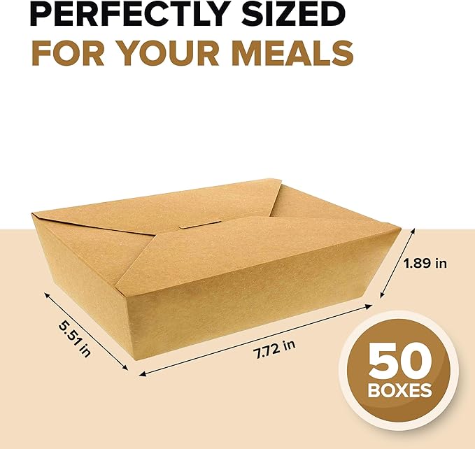 49oz Disposable Kraft Take-Out Containers - Microwaveable, Leak-Proof, Oil-Resistant, Eco-Friendly Food Boxes for Restaurants, Catering, & Meal Prep (50 Pack)