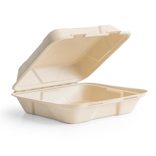 Vegware Compostable 10" Clamshell To Go Containers, Case of 200, Reclaimed Natural Fiber, For Cold or Hot Food, Large Take Out Food Box, Tree-Free, Doesn't Trap Condensation