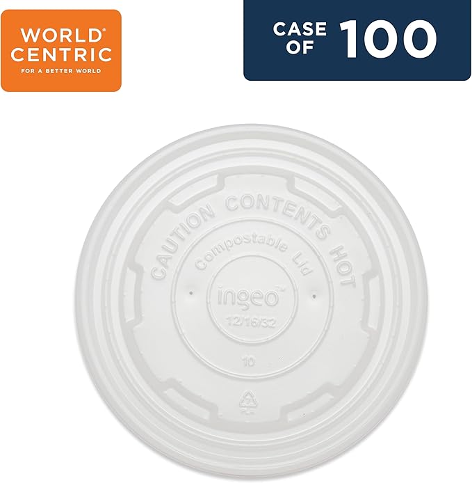 World Centric Compostable Paper Bowl Lids 12 oz - Made from Plants, Leak-Resistant, Clear PLA - 100 Pack