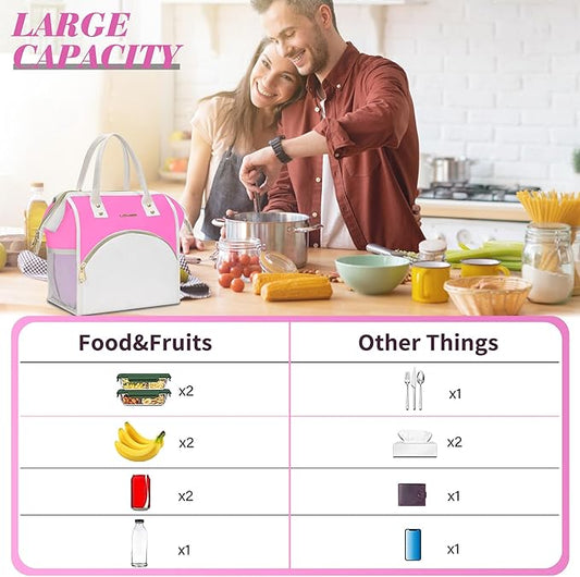 LOKASS Lunch Bag Women Insulated Lunch Box, Wide-Open Lunch Tote Bag Leak-proof Cooler Bag for Work Picnic-（Neon Pink）
