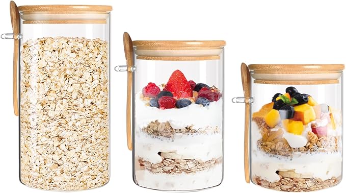 Airtight Glass Jars with Bamboo Lids and Spoon, Overnight Oats Jars, Glass Kitchen Canisters,Glass Food Storage Jars for Coffee, Sugar, Tea, Flour(3 Pack)
