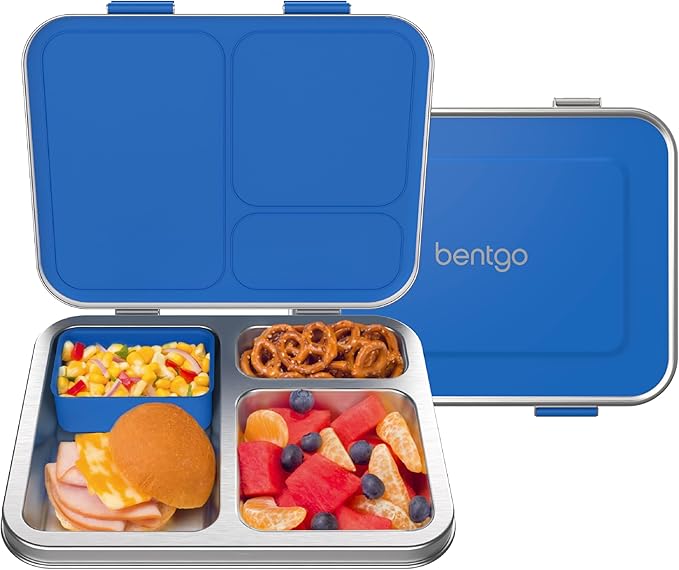 Bentgo Kids Stainless Steel Leak-Resistant Lunch Box - 3-Compartments with Bonus Silicone Container, Durable, Eco-Friendly, Dishwasher Safe, BPA-Free, Ideal for School, Ages 3+ (Blue)