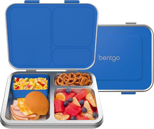 Bentgo Kids Stainless Steel Leak-Resistant Lunch Box - 3-Compartments with Bonus Silicone Container, Durable, Eco-Friendly, Dishwasher Safe, BPA-Free, Ideal for School, Ages 3+ (Blue)