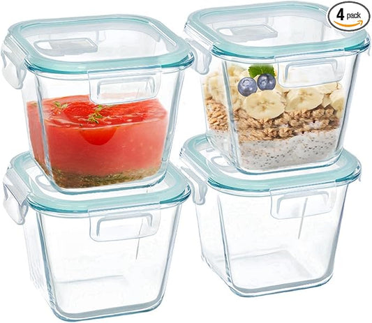 Qxbekmor Glass Soup Container with Airtight Lids, 4 Cup Square Glass Storage Containers, Meal Prep Container for Soup, Leftover, Overnight Oats, Oven, Microwave & Dishwasher Safe (4 Pack)
