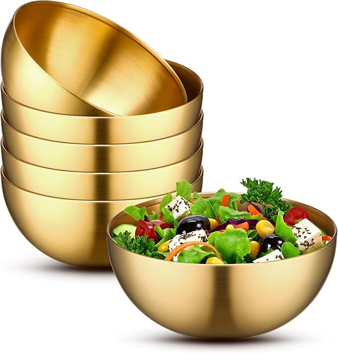 Nuogo 6 Pack Stainless Steel Gold Mixing Bowls Gold Esthetician Bowls for Wedding Party Facial Cereal Rice Noddle Snack Fruit Cereal Snack Appetizer Cooking Baking Serving(7.9 Inches)