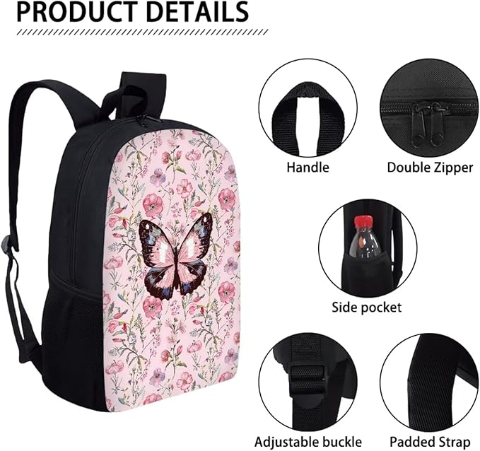 Dolyues Pink Butterfly Kids Backpack Set - Schoolbag for Boys & Girls, Includes Lunch Box & Pencil Case - Perfect for Elementary & Middle School Students