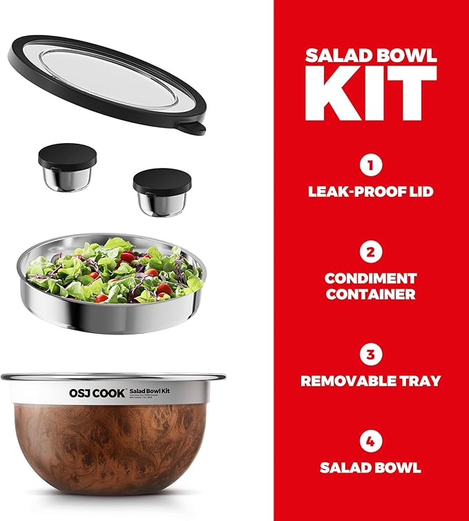 18/8 Stainless Steel Salad Bowl Kit - 51oz, Mixing Bowls with Lids Set, Teakwood - Comes with 1.7oz Condiment Container and Removable Tray for Organization - Leak-Proof, Easy to Clean, Dishwasher Safe