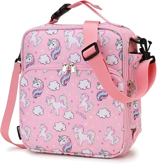 RAVUO Lunch Bag for Girls, Insulated Lunch Box for Kids Cute Unicorn Reusable Lunch Tote with Detachable Shoulder Strap and Buckle Handle