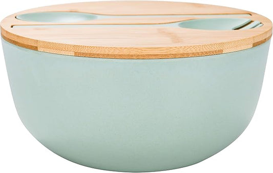 GEHE Bamboo Fiber Salad Bowl with Servers Set - Large 9.8 inches mixing bowls Solid Bamboo Salad Wooden Bowl with Bamboo Lid Spoon for Fruits,Salads and Decoration (Blue -green, 9.8INCH)