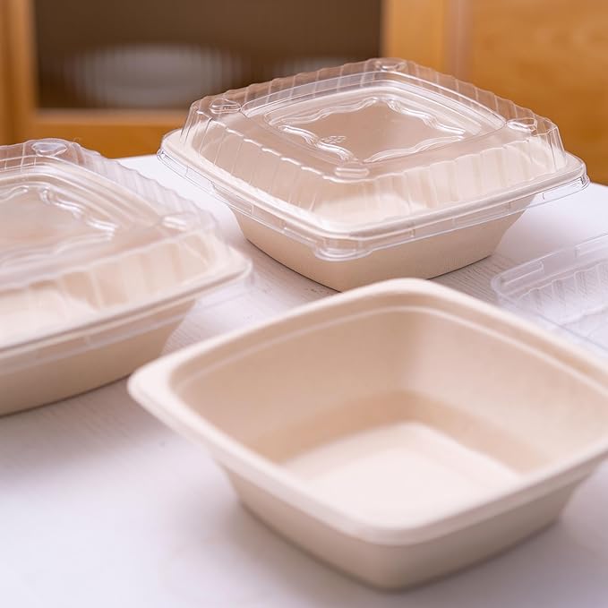 Paper Bowls 24 oz - Disposable Heavy Duty Compostable Square Bagasse Bowls for Salad, Chili, Poke, Burrito, Cereal, Pasta, Dessert, Biodegradable Meal Prep Containers with Lids, 25 Pack