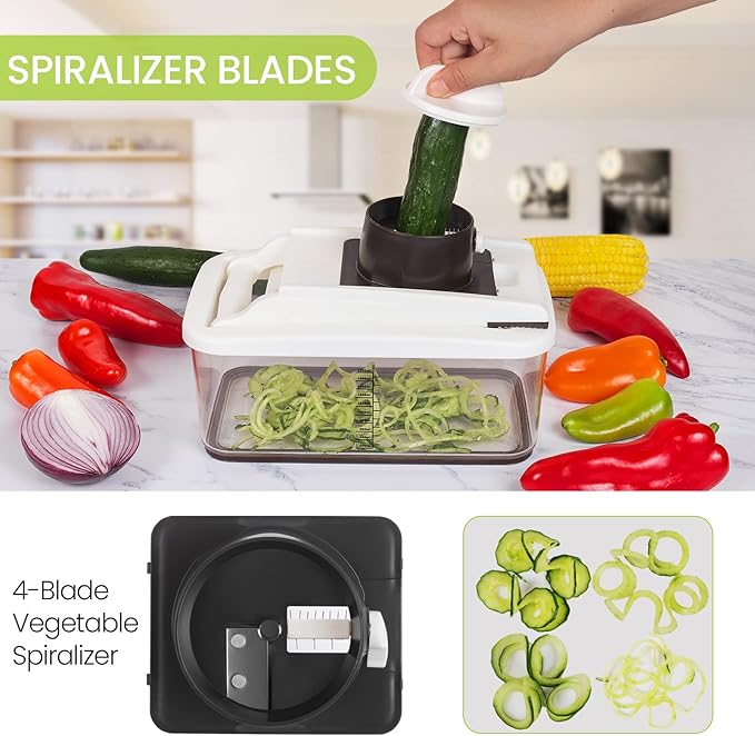Vegetable Chopper, Extra Large Chopper Vegetable Cutter, Multifunctional 10-in-1 Pro Food Chopper - 6 Blades, 4 Vegetable Spiralizers, E-Recipes - Veggie Chopper with Container
