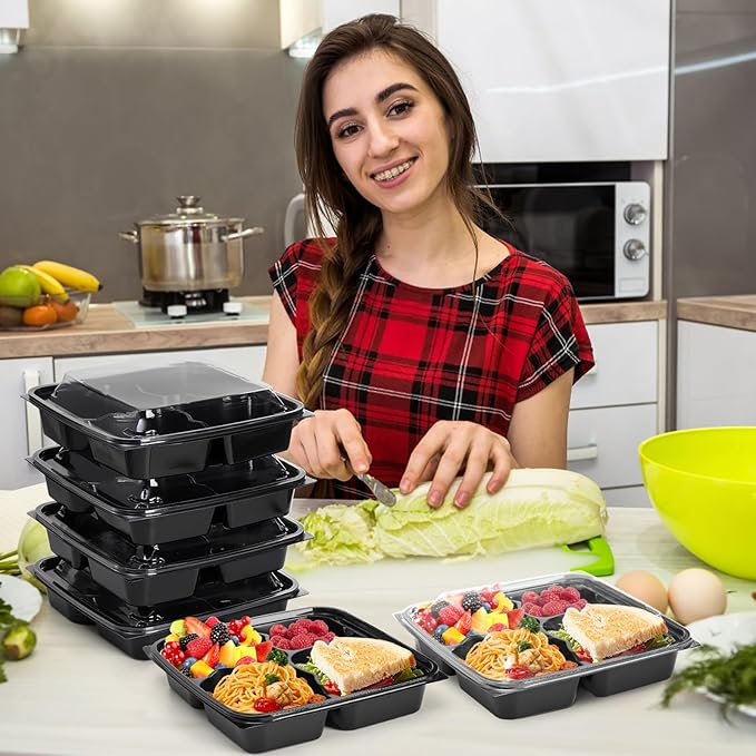 30 Pack (60-Pcs) Meal Prep Containers, 4 Compartment Bento Lunch Box with Lid, Disposable Plastic Food Storage To Go, 34oz Portion Control Take Out Box for Adult, Not Microwave Dishwasher Safe