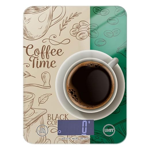 Food Scale Kitchen Digital Scale Food Ounces and Grams Dieting Baking Cooking Waterproof Glass Panels LCD Display,4 Units Scale Tare Function Coffee Time Wheat and Green