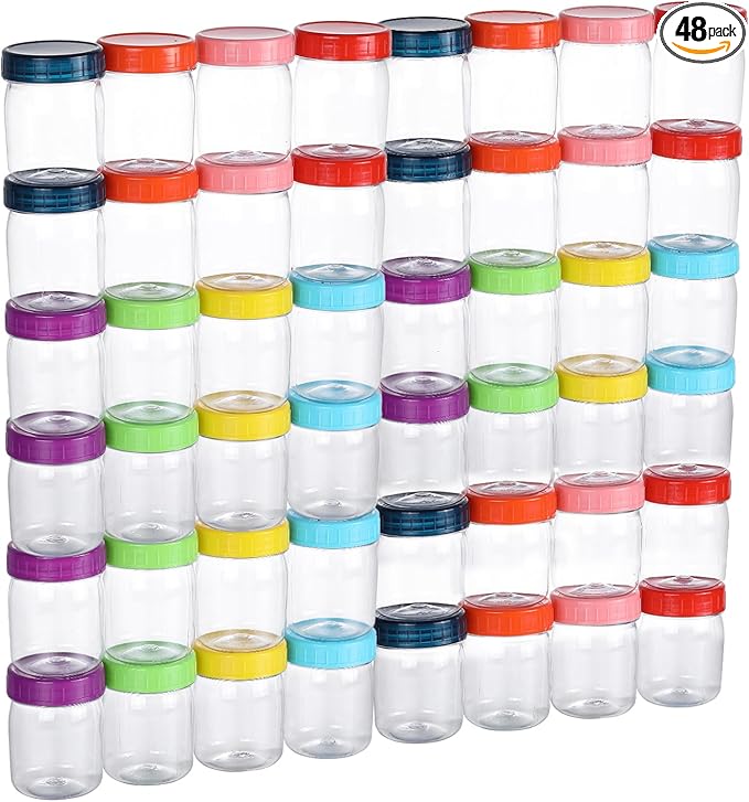 novelinks 8oz Plastic Jars With Lids Colorful Lid Mason Jars 48Pack 8 oz Plastic Containers With Lids For Diy Food Milkshake Salads Snake Jams Spices (48)