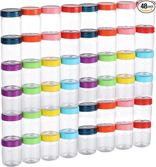 novelinks 8oz Plastic Jars With Lids Colorful Lid Mason Jars 48Pack 8 oz Plastic Containers With Lids For Diy Food Milkshake Salads Snake Jams Spices (48)