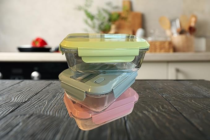 THY COLLECTIBLES Set of 3 36 OZ Glass Lunch Storage Containers with Lids and Utensils, Microwave Safe, Leak Proof, Freezer to Oven Safe for Meal Prep, Leftovers, Cooking, Bento Box (2 Compartments)