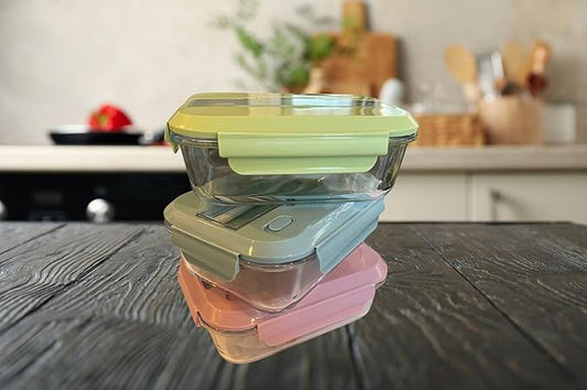 THY COLLECTIBLES Set of 3 36 OZ Glass Lunch Storage Containers with Lids and Utensils, Microwave Safe, Leak Proof, Freezer to Oven Safe for Meal Prep, Leftovers, Cooking, Bento Box (2 Compartments)