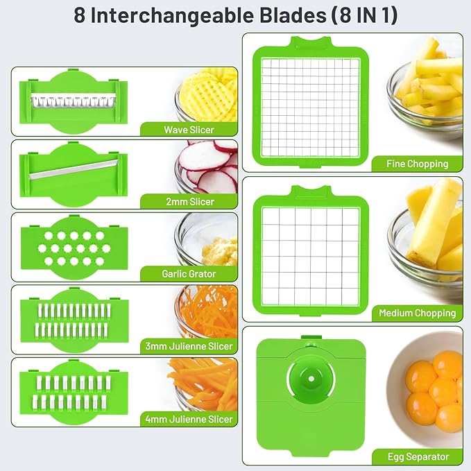 Vegetable Chopper Tear-Free Onion Chopper with 2mm Slice/Dice/Shred & Egg Separator for Quick Dinners (Gray & Green 8 in1)