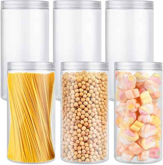 6 Pack 46oz/1360ml Large Plastic Jars with Lid, Wide Mouth Empty Clear PET Storage Containers with Lid, Tall Plastic Candy Cylinder Storage Jars for Dry Food, Peanut, Powder, Kitchen, Snacks