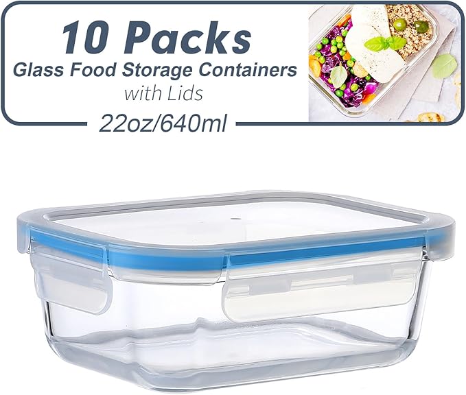 BAYZZ Glass Meal Prep Containers, 10 Packs 22 oz Airtight Glass Food Storage Containers with lids, Glass Lunch Containers, Microwave, Oven, Freezer & Dishwasher Safe, Blue