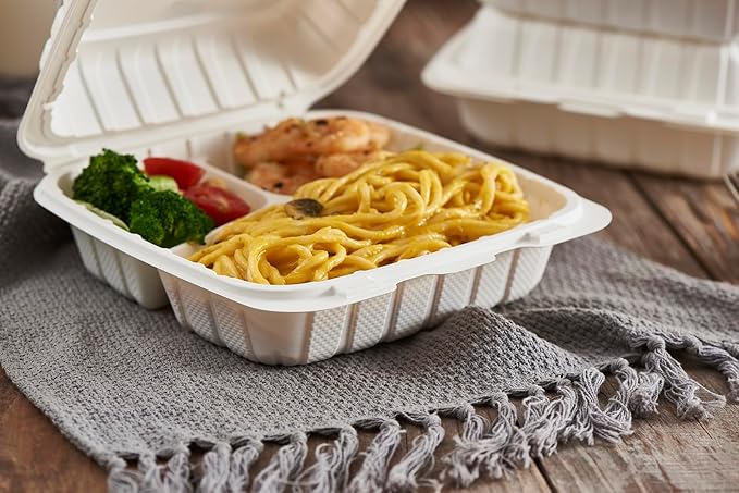 8X8 3Compartment 50Pack Plastic Clamshell Take Out Food Containers, Heavy Duty To-go Disposable Lunch Box Restaurant Meal Prep Packaging Catering Hinged Container (Formerly FULING)
