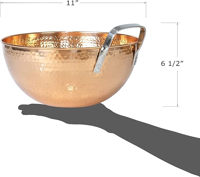Red Co. 5 Quarts Large 11” Round Hammered Pure Copper Mixing Bowl with Handle