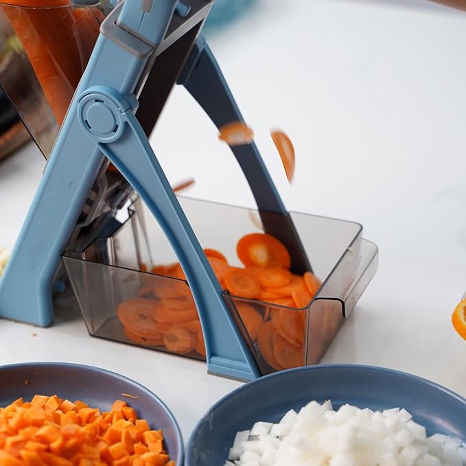 Thickness Adjustable Vegetable Chopper, Safe Mandoline Slicer Food Chopper With Container, Kitchen Gadgets Potato French Fry Cutter Tomato Apple Slicer Onion Vegetable Dicer - Gray&Blue