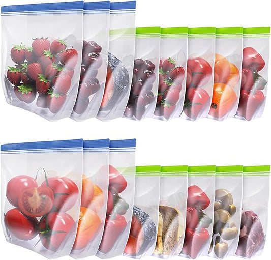 16 Pack Reusable Freezer Bags - Dishwasher Microwave Safe, BPA Free Sandwich Bags, Stand Up Leakproof Food Storage Bags for Meal Prep, Fruits, Fridge, Kitchen Organization