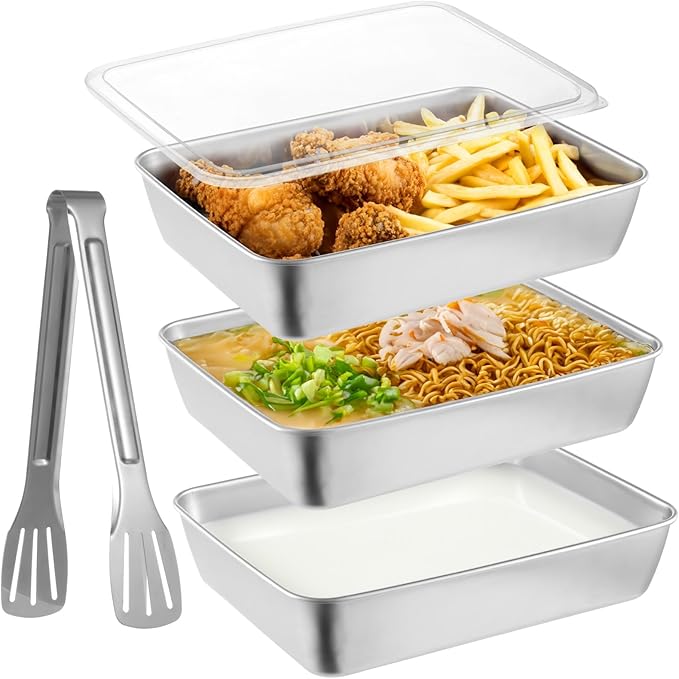 Breading Trays Set of 3, 10 x 8 x 2 Inches Large Stainless Steel Breading Pans for Cooking with Lids & Tong, Food Containers for Dredging Chicken Breasts and Marinating Meat, Food Prep Holders