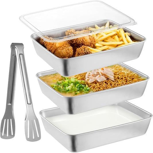 Breading Trays Set of 3, 10 x 8 x 2 Inches Large Stainless Steel Breading Pans for Cooking with Lids & Tong, Food Containers for Dredging Chicken Breasts and Marinating Meat, Food Prep Holders
