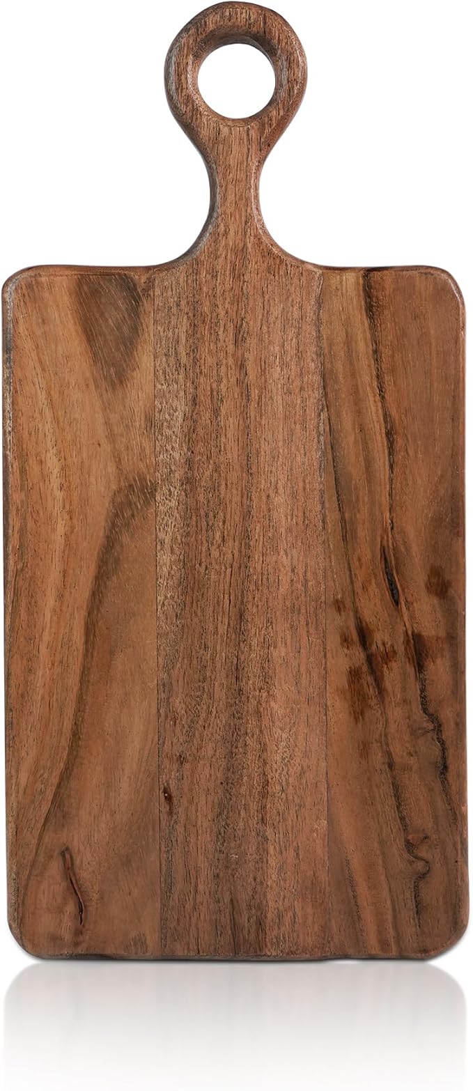 Acacia Wood Cutting Board with Natural Live Edge & Ring Handle, Vegetable Chopping and Serving Rustic Paddle for Bread Cheese Charcuterie and Pizza