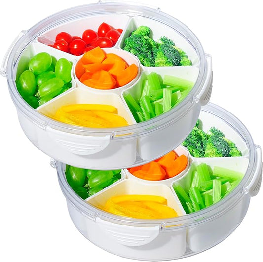 2Pack Veggie Tray With Lid for Fridge Organizer Bins Divided Snackle Box Container with 6 Compartments for Party Serving Platter, Fruit Tray with dip, Snack Storage, Reusable Meal Prep