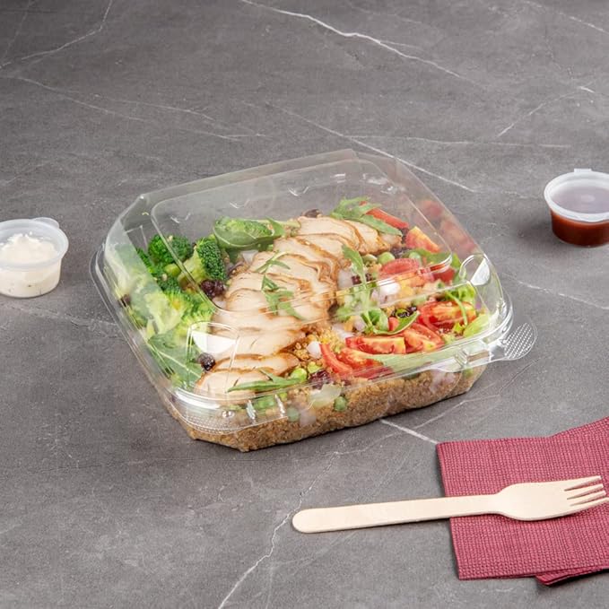 Restaurantware Thermo Tek 33.8 Ounce Clamshell Containers 100 Anti-Fog To Go Food Containers - Freezable Square Clear Plastic Food Packaging Containers Disposable