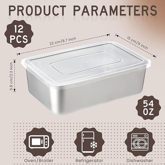 12 Pcs Stainless Steel Food Storage Containers with Lids, 54 Oz Metal Lunch Bento Box Reusable Stackable Meal Prep Container for Kitchen Picnic Travel, Freezer& Dishwasher Safe