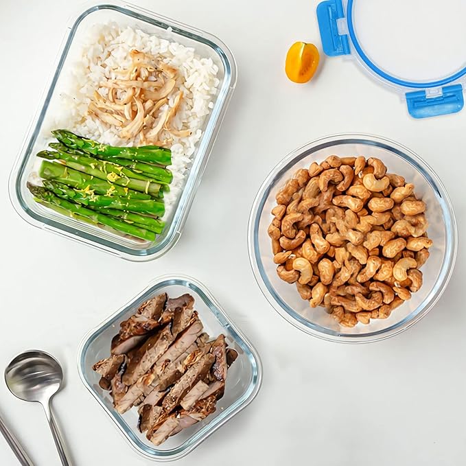 30 Pieces Glass Food Storage Containers Set, Glass Meal Prep Containers Set with Snap Locking Lids, Airtight Glass Lunch Containers, Microwave, Oven, Freezer & Dishwasher, Blue