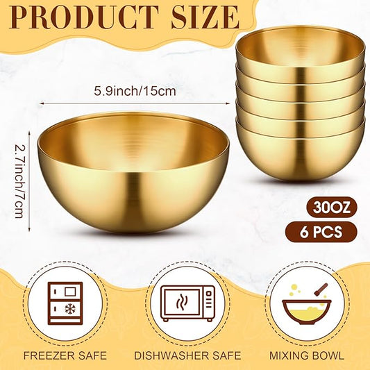 Nuogo 6 Pack Stainless Steel Gold Mixing Bowls Gold Esthetician Bowls for Wedding Party Facial Cereal Rice Noddle Snack Fruit Cereal Snack Appetizer Cooking Baking Serving(5.9 Inches)
