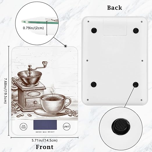 Food Scale Kitchen Digital Scale Food Ounces and Grams Dieting Baking Cooking Waterproof Glass Panels LCD Display,4 Units Scale Tare Function Coffee Time Brown