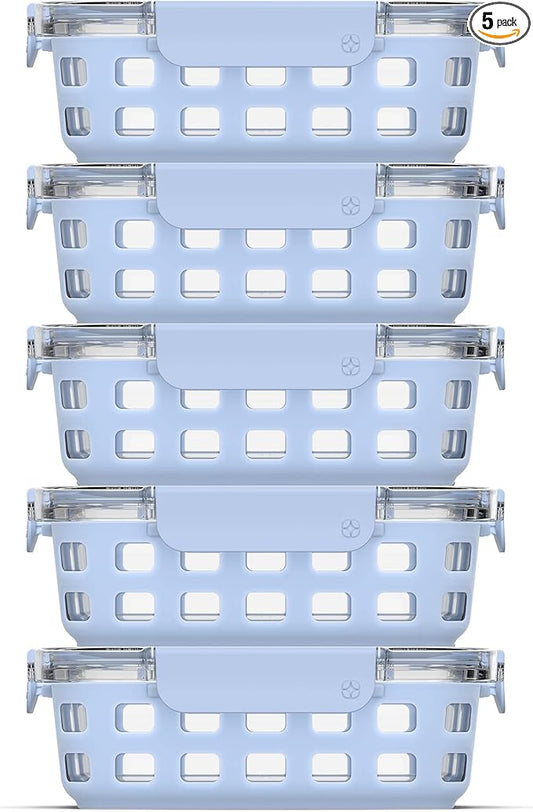 Ello Duraglass 3.4 Cup Meal Prep Sets 10Pc, 5 Pack Set- Glass Food Storage Container with Silicone Sleeve and Airtight BPA-Free Plastic Lids, Dishwasher, Microwave, and Freezer Safe, Halogen Blue