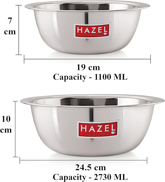 HAZEL Stainless Steel Mixing Bowl | Mixing Bowl for Cake Batter | Kitchen and Baking Accessories Items, Set of 2, 1100 ML, 1500 ML